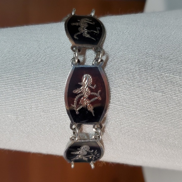 Siam 6.75" Bracelet Sterling Silver 925 Panel Link Thailand Dance Vintage Niello - Picture 4 of 13